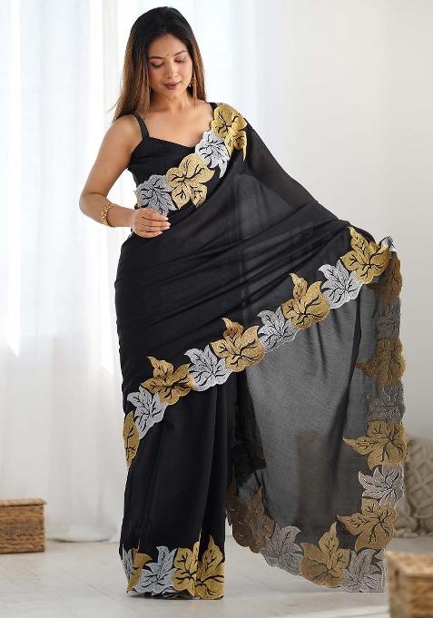 Black Printed Vichitra Silk Saree Set