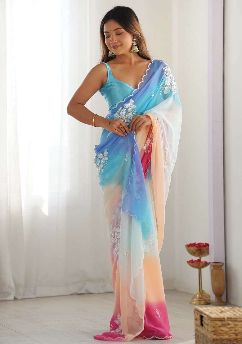 Light Blue Printed Georgette Saree Set - Indya