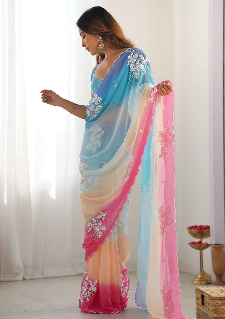 Light Blue Printed Georgette Saree Set - Indya