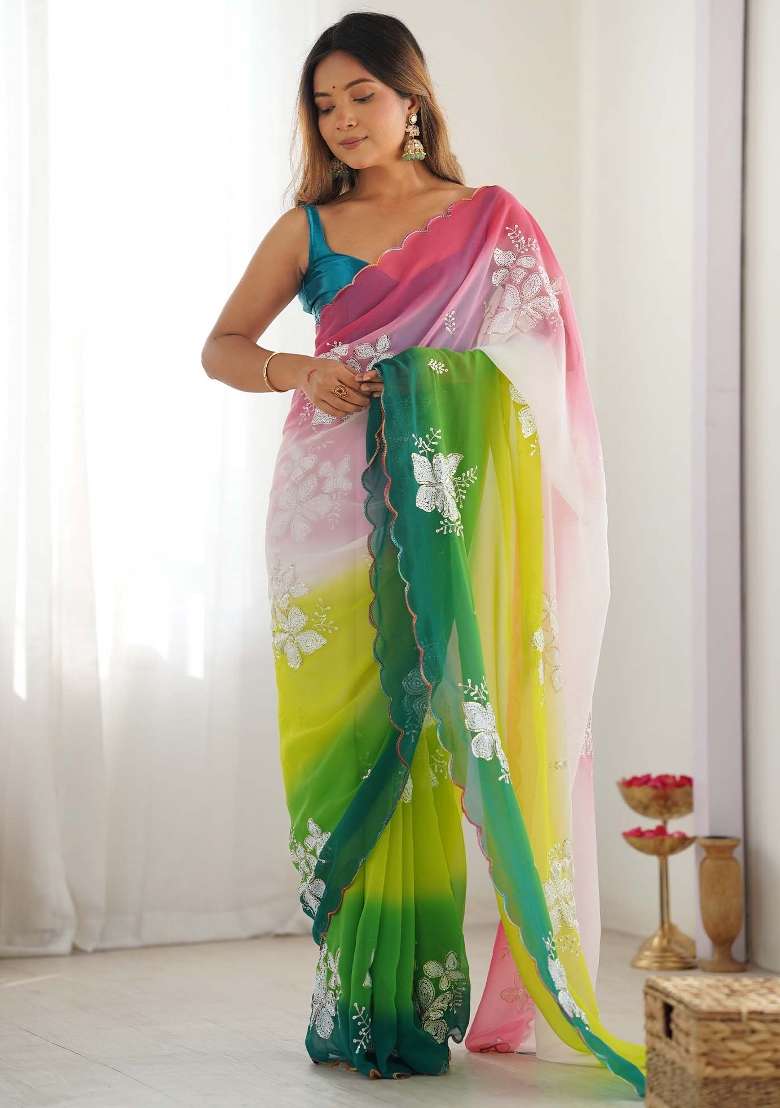 Light Green Printed Georgette Saree Set - Indya