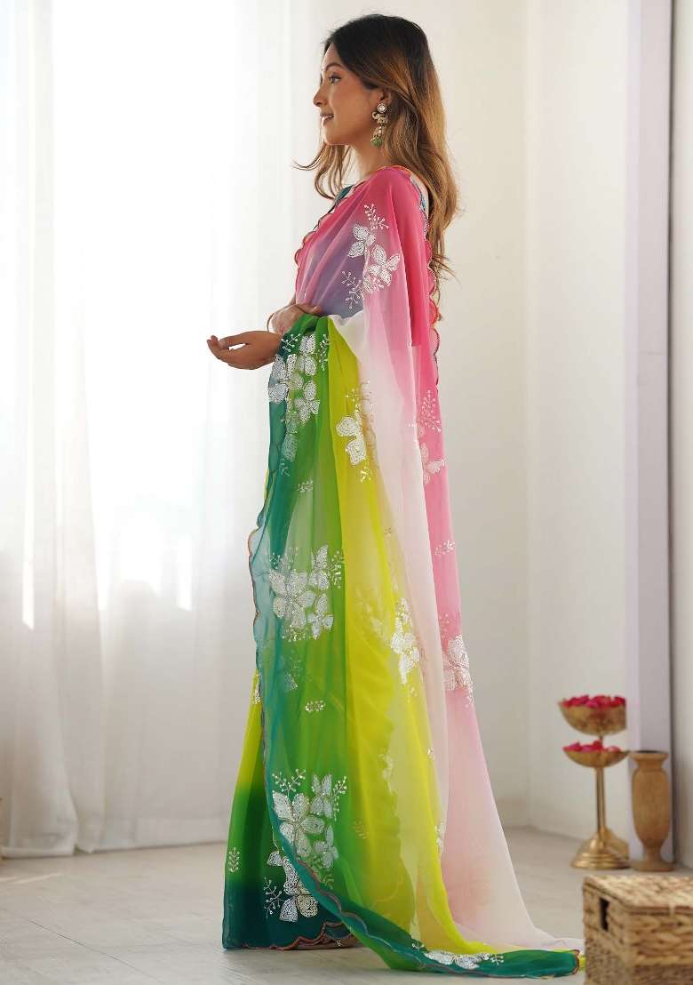 Light Green Printed Georgette Saree Set - Indya