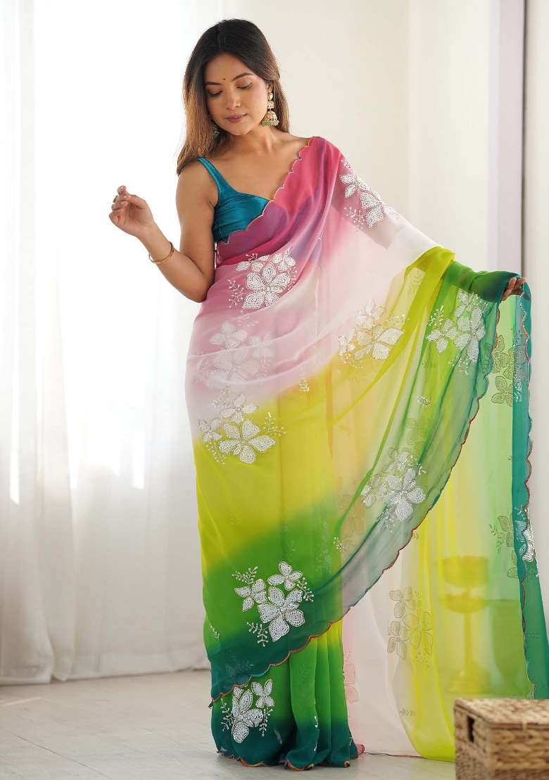 Light Green Printed Georgette Saree Set - Indya