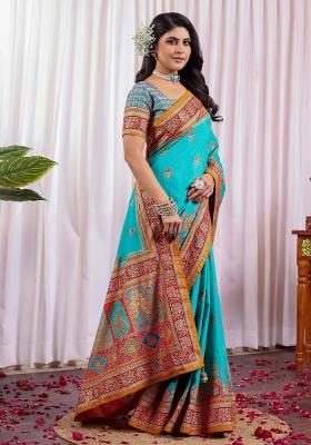 Light Blue Printed Silk Blend Saree Set
