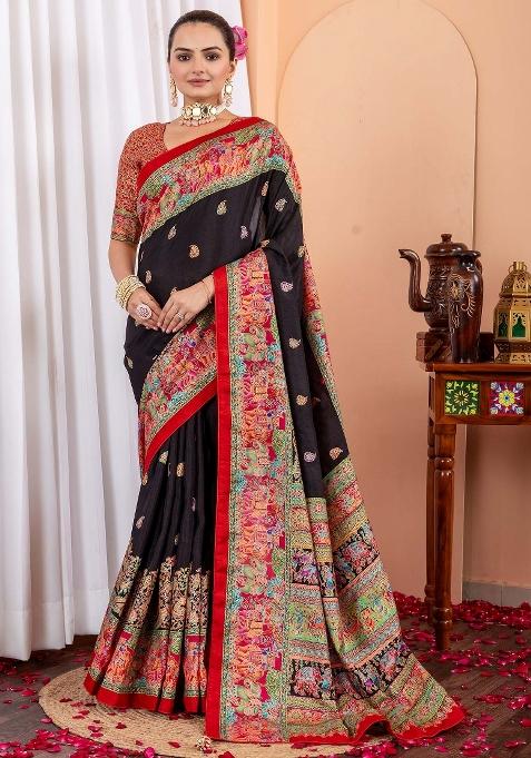 Black Printed Silk Blend Saree Set