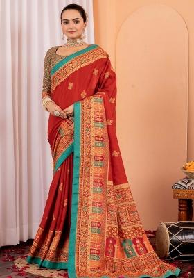 Rust Printed Silk Blend Saree Set