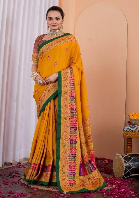 Mustard Printed Silk Blend Saree Set