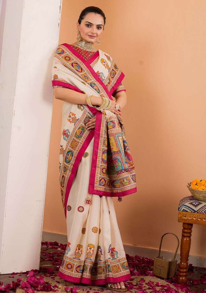 Cream Printed Silk Blend Saree Set - Indya