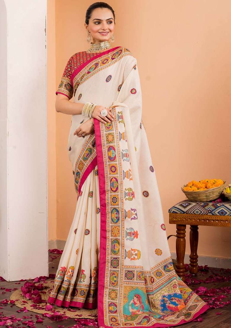 Cream Printed Silk Blend Saree Set - Indya