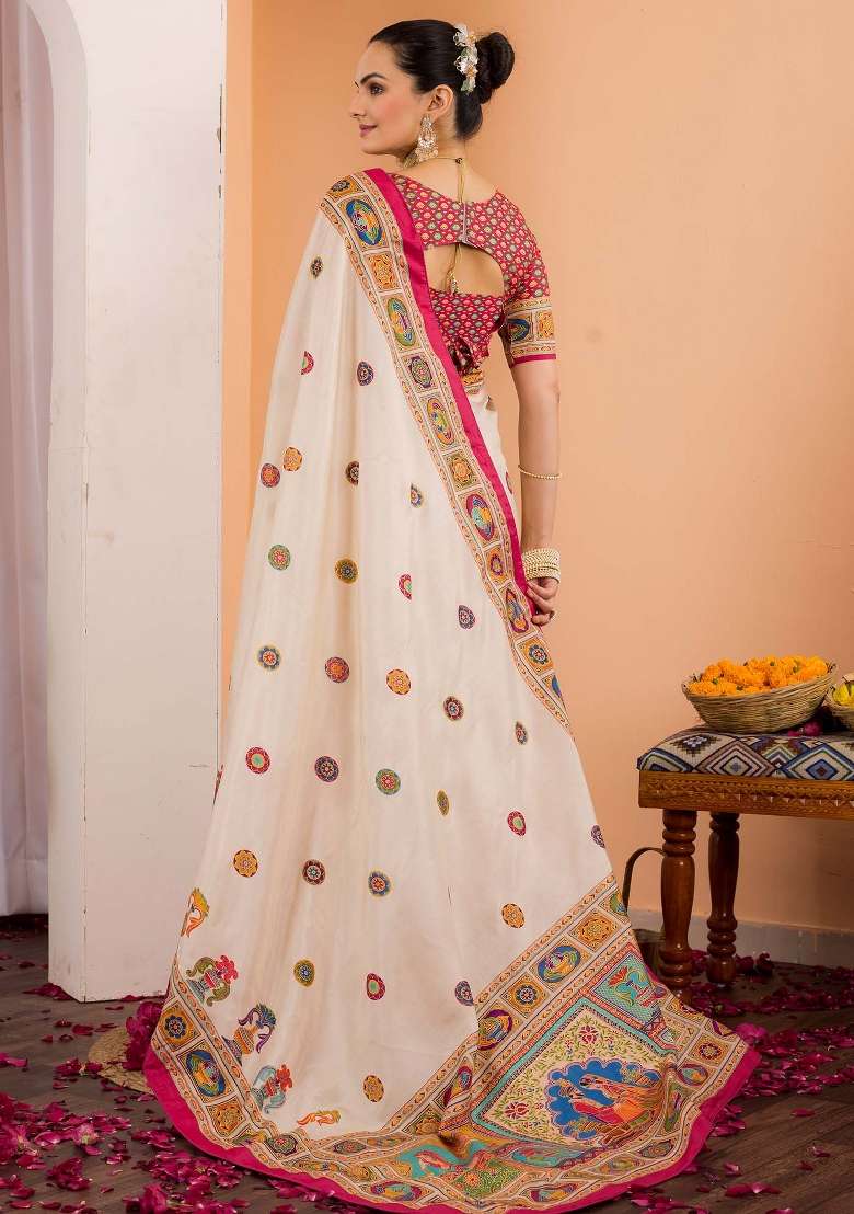 Cream Printed Silk Blend Saree Set - Indya