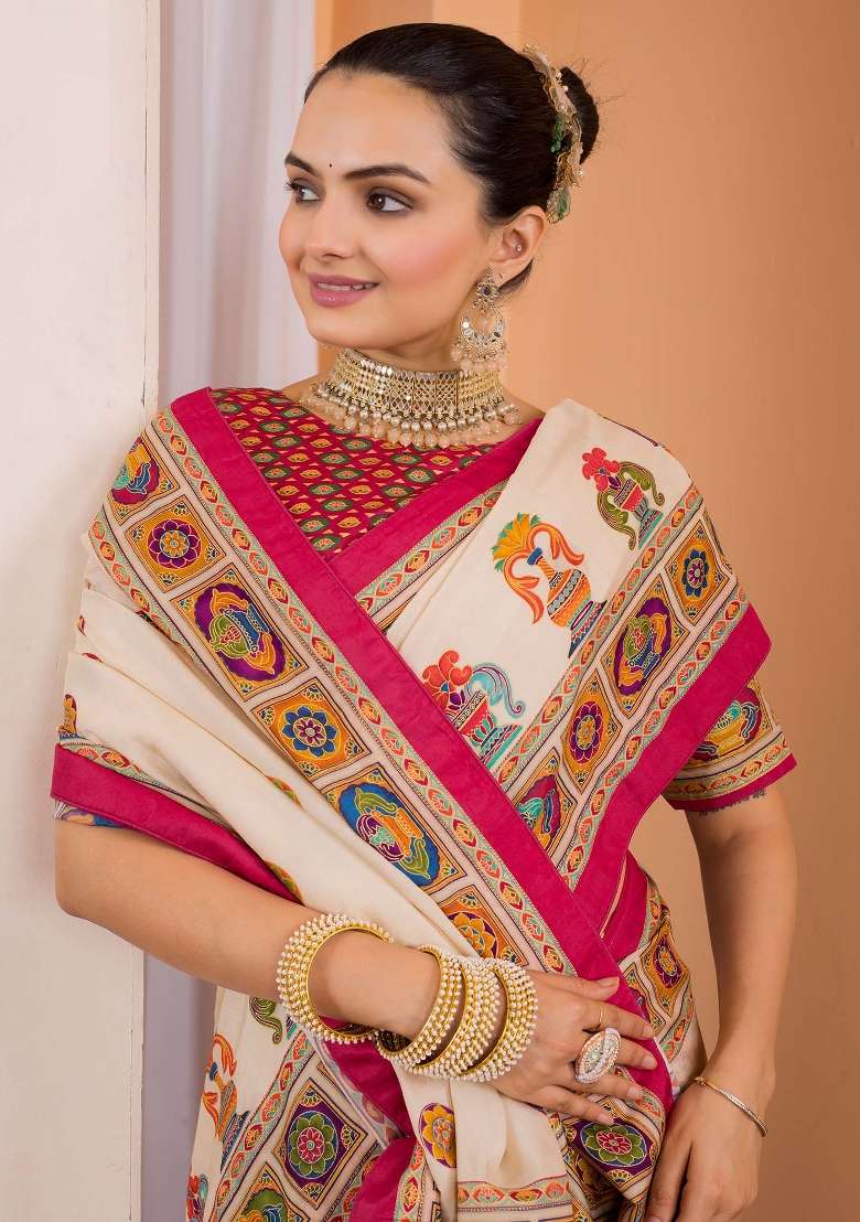 Cream Printed Silk Blend Saree Set - Indya