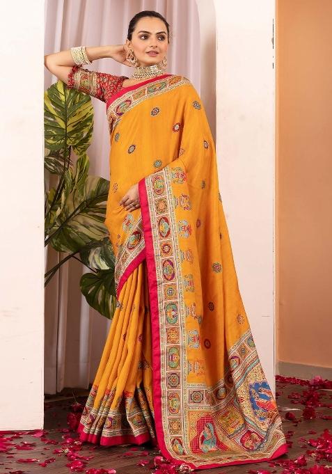 Mustard Printed Silk Blend Saree Set