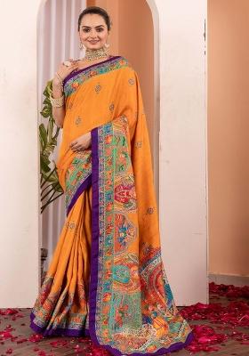 Mustard Printed Silk Blend Saree Set