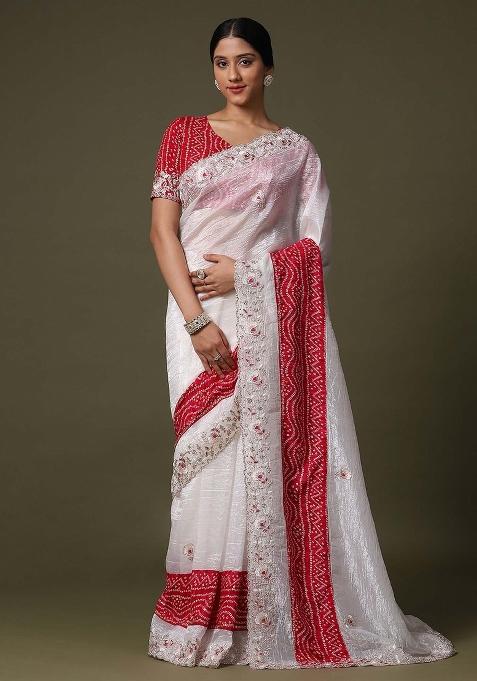 White Printed Tissue Saree Set