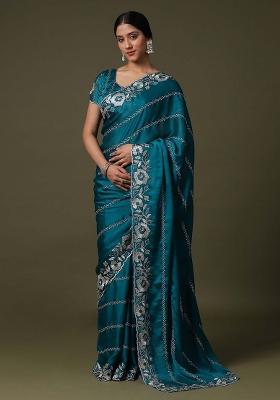 Teal Blue Printed Satin Silk Saree Set