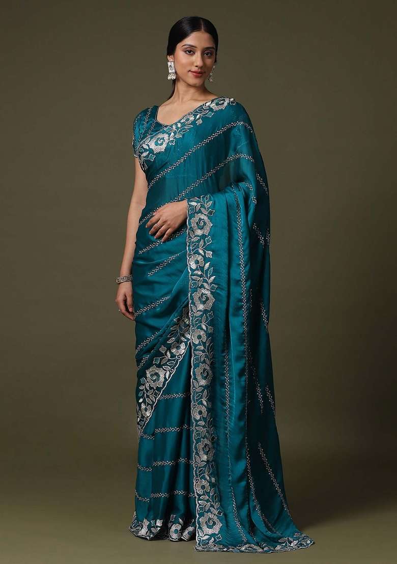 Teal Blue Printed Satin Silk Blend Saree Set - Indya