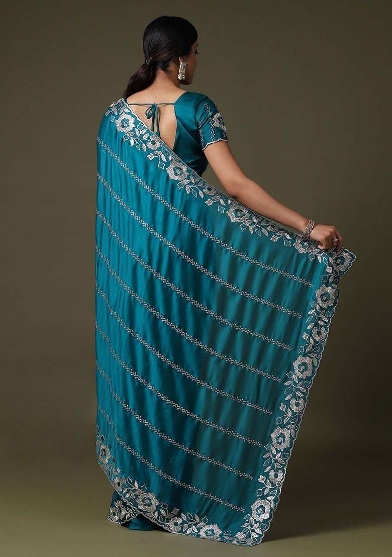 Teal Blue Printed Satin Silk Blend Saree Set - Indya