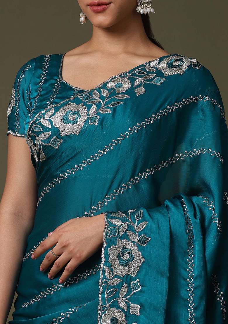 Teal Blue Printed Satin Silk Blend Saree Set - Indya