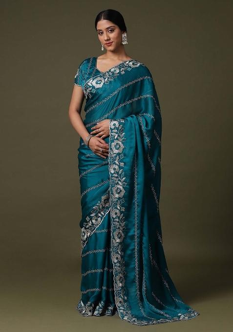 Teal Blue Printed Satin Silk Saree Set — view on Indya