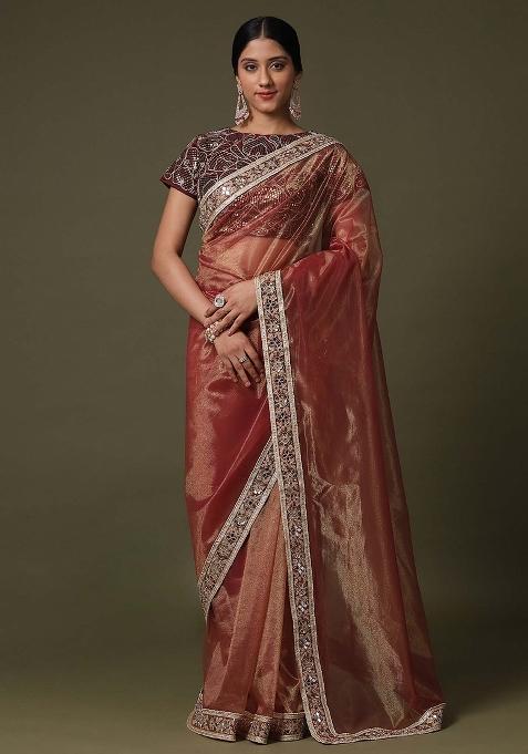 Rust Printed Net Saree Set — view on Indya