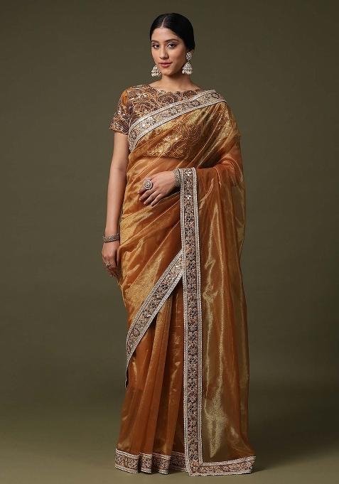 Gold Printed Net Saree Set — view on Indya
