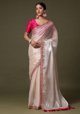 Cream Printed Net Saree Set
