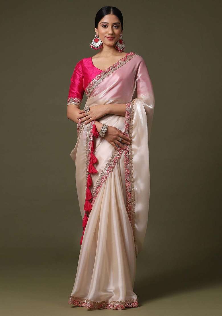 Cream Net Saree Set with Printed for Diwali | Wedding & Festive Wear - Indya