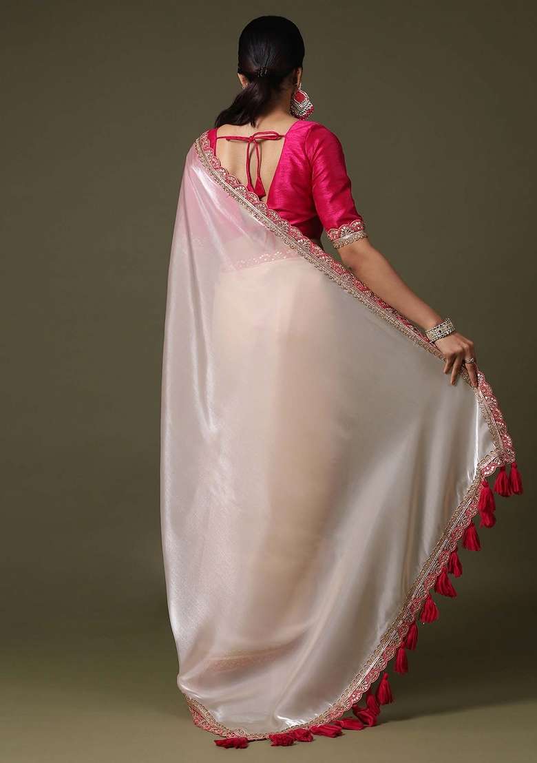 Cream Net Saree Set with Printed for Diwali | Wedding & Festive Wear - Indya