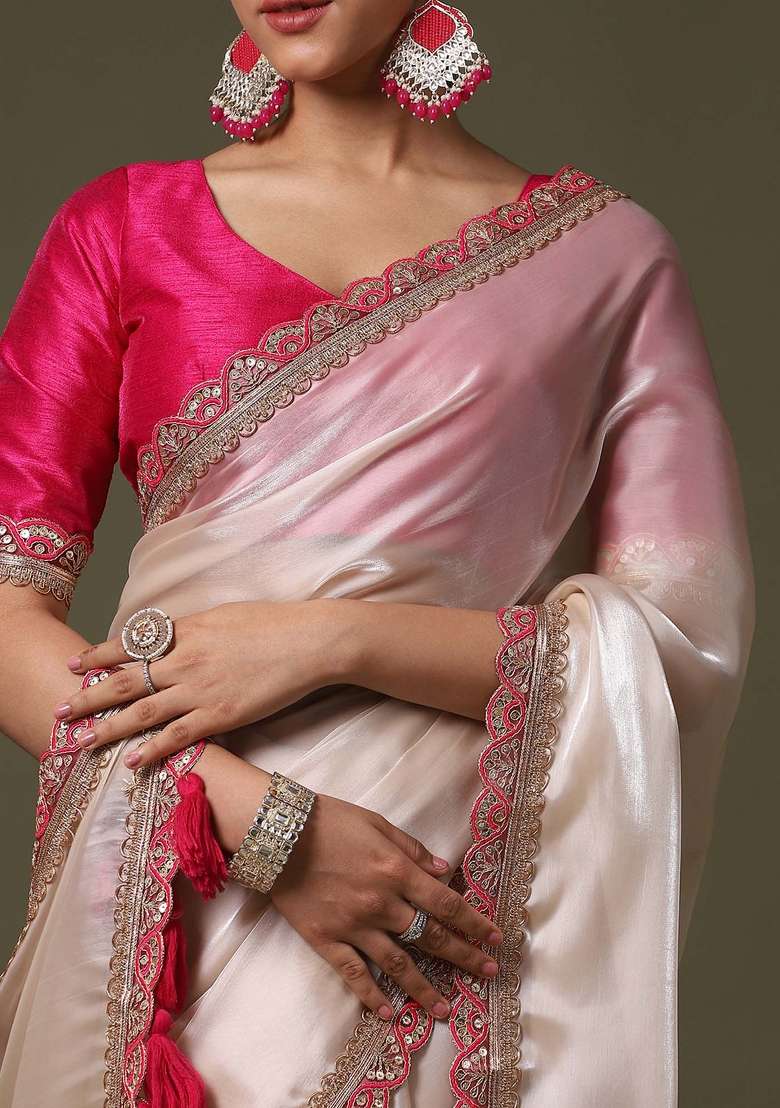 Cream Net Saree Set with Printed for Diwali | Wedding & Festive Wear - Indya