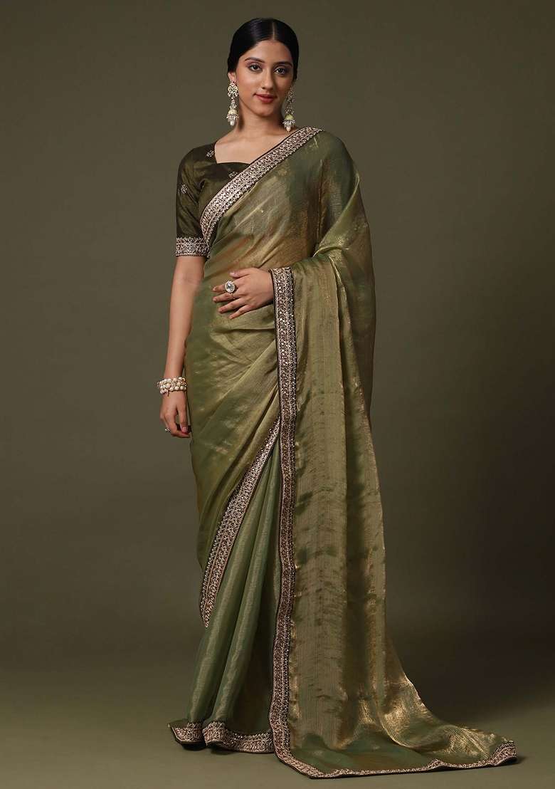 Olive Net Saree Set with Printed for Diwali | Wedding & Festive Wear - Indya