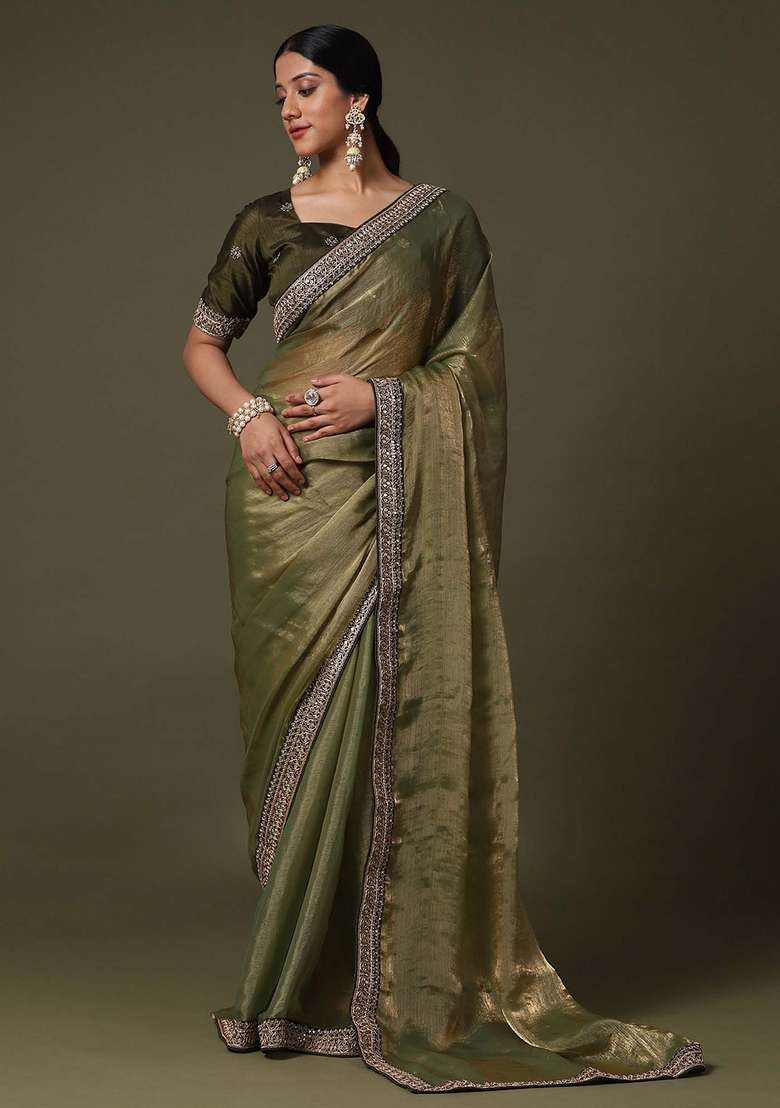 Olive Net Saree Set with Printed for Diwali | Wedding & Festive Wear - Indya