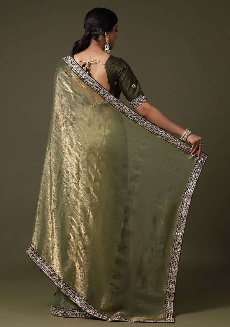 Olive Net Saree Set with Printed for Diwali | Wedding & Festive Wear - Indya