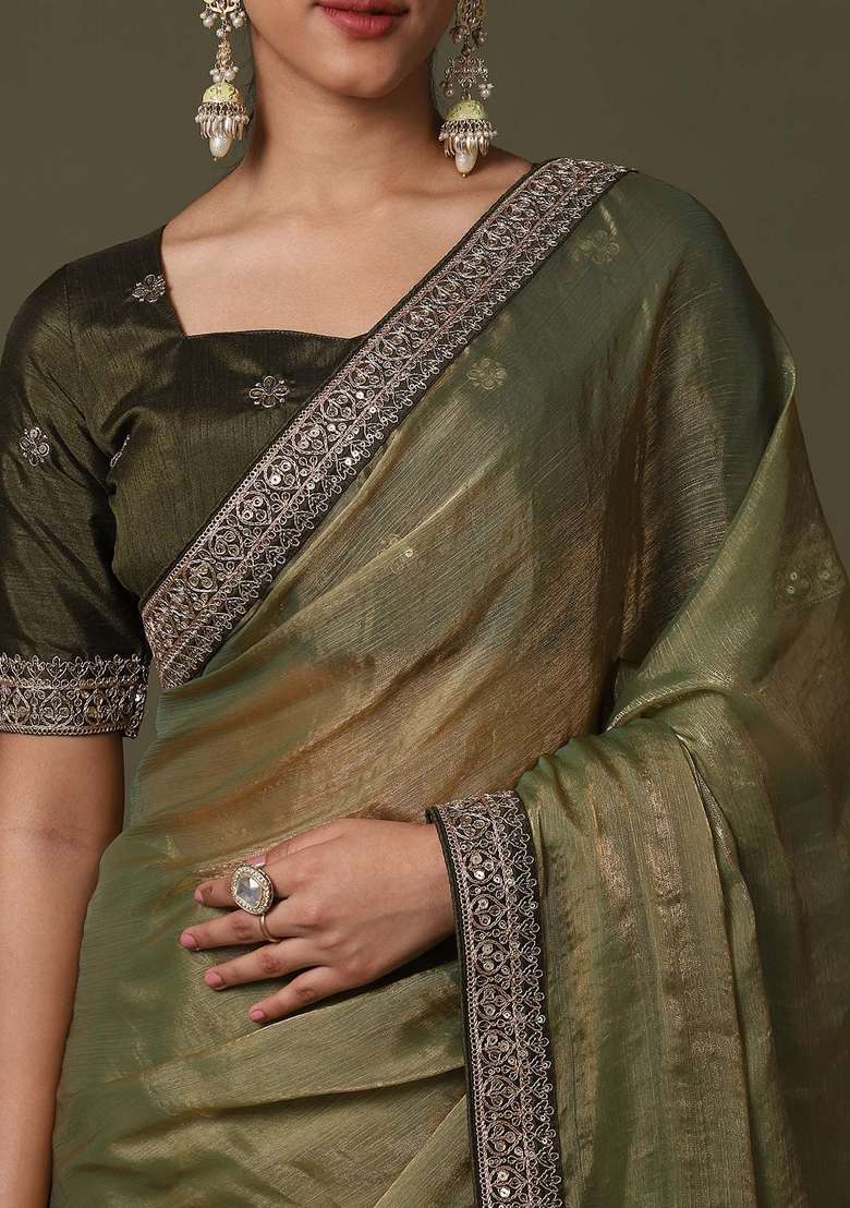 Olive Net Saree Set with Printed for Diwali | Wedding & Festive Wear - Indya