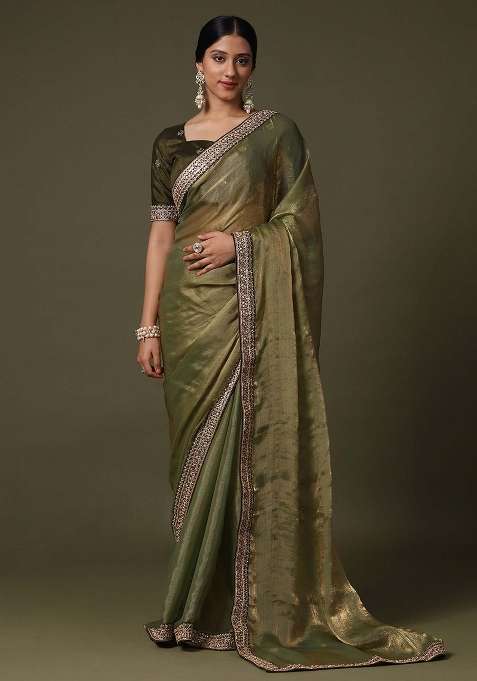 Olive Net Saree Set with Printed for Diwali | Wedding & Festive Wear