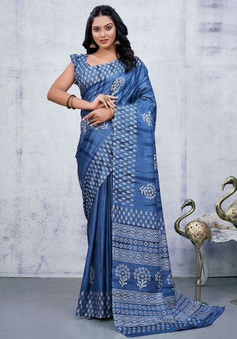 Blue Printed Cotton Blend Saree Set — view on Indya