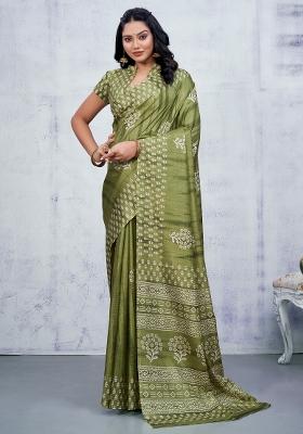 Olive Printed Cotton Blend Saree Set