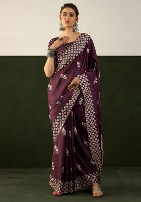 Burgundy Printed Cotton Blend Saree Set