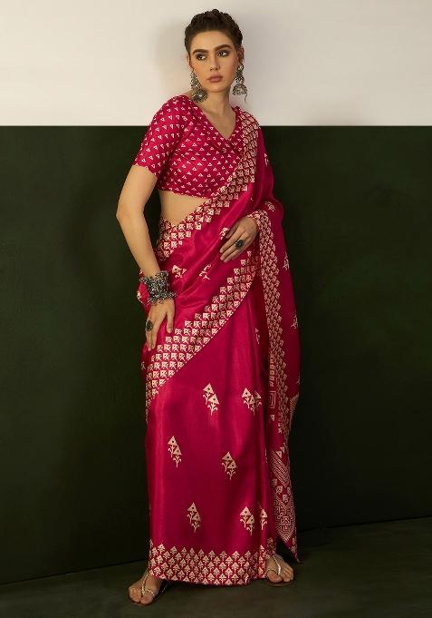 Pink Printed Cotton Blend Saree Set — view on Indya