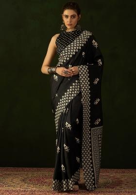Black Printed Cotton Blend Saree Set