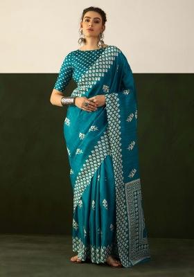 Blue Printed Cotton Blend Saree Set