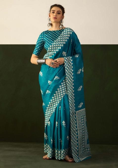 Blue Printed Cotton Blend Saree Set — view on Indya