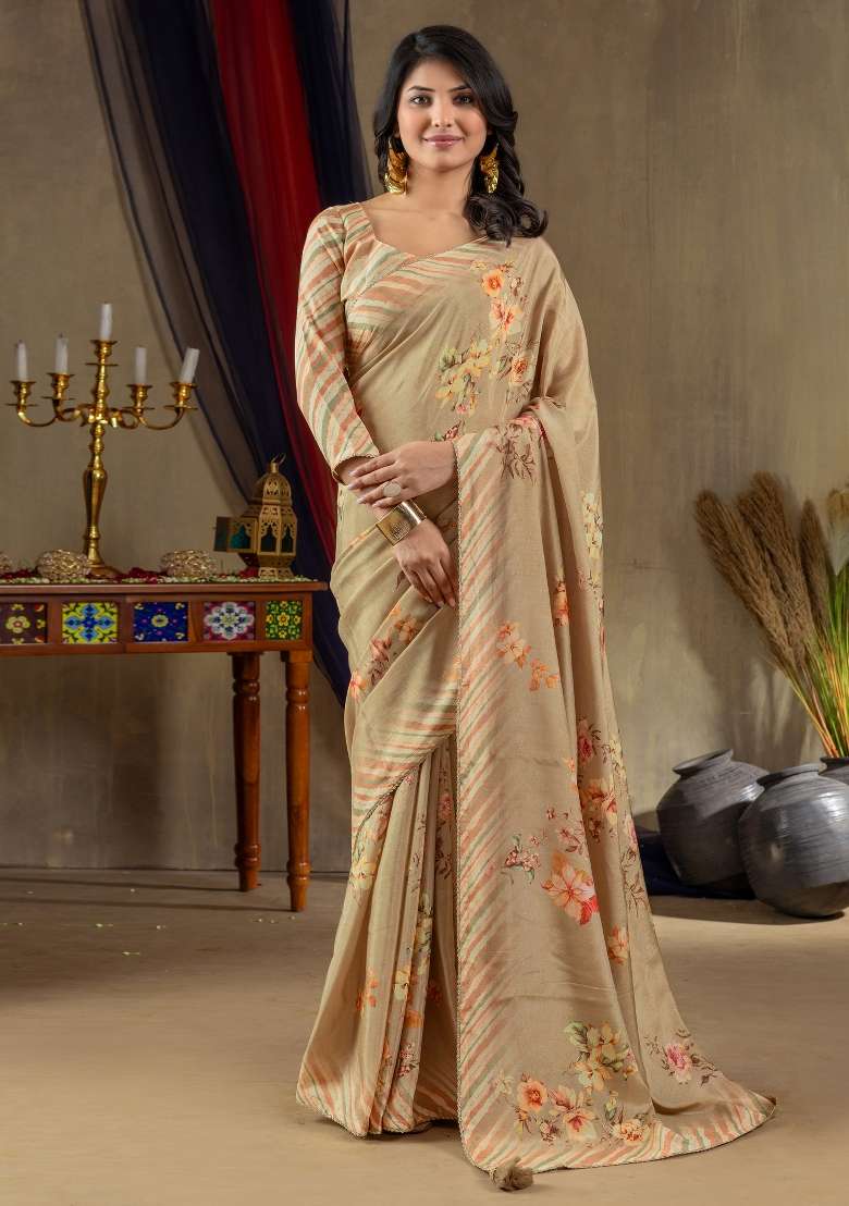 Beige Printed Viscose Saree Set - Indya