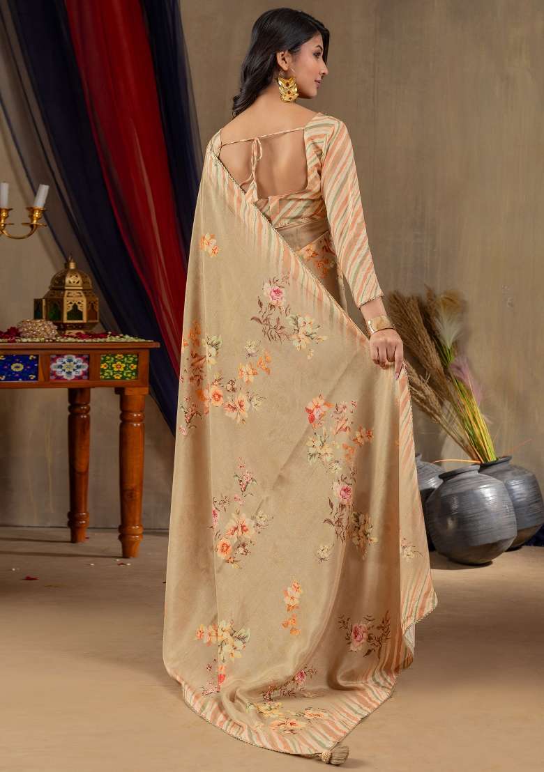 Beige Printed Viscose Saree Set - Indya