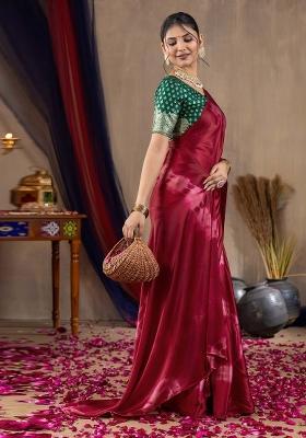 Magenta Printed Satin Silk Saree Set