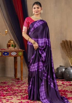 Purple Printed Satin Silk Saree Set