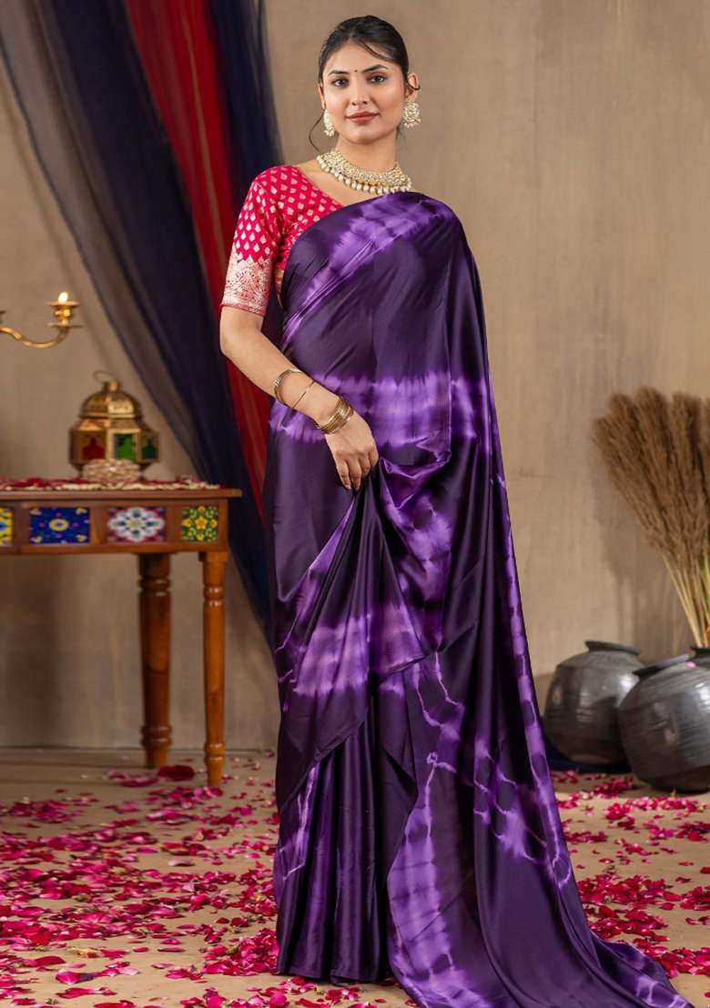 Purple Printed Satin Silk Saree Set - Indya