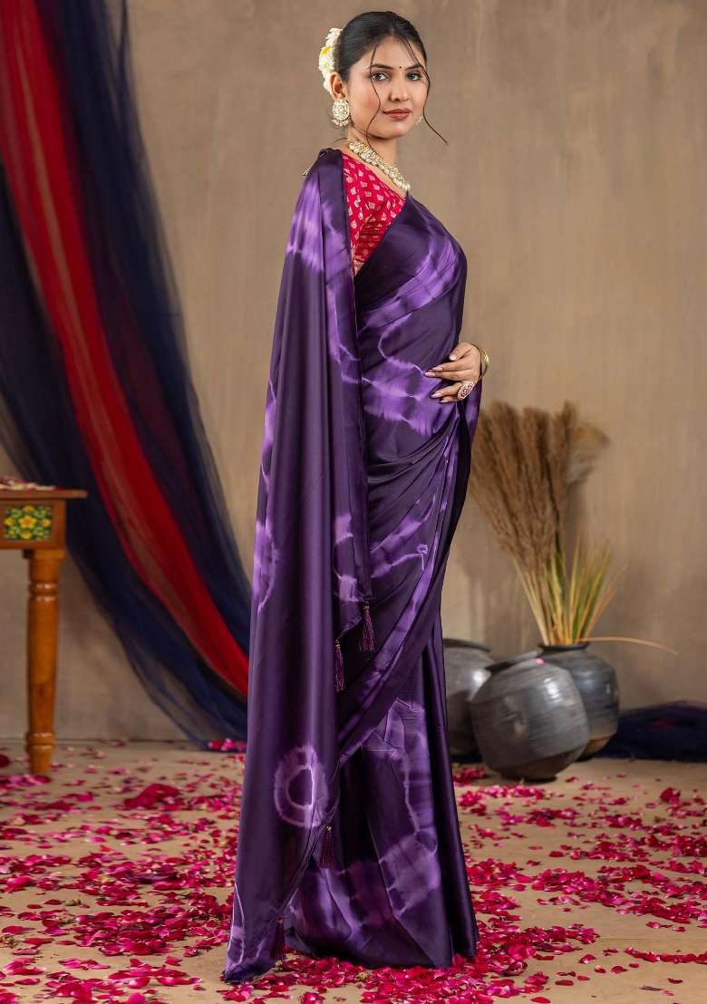 Purple Printed Satin Silk Saree Set - Indya