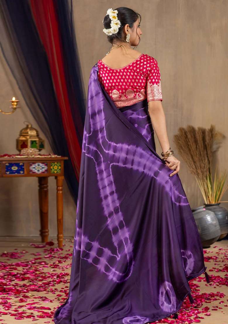 Purple Printed Satin Silk Saree Set - Indya