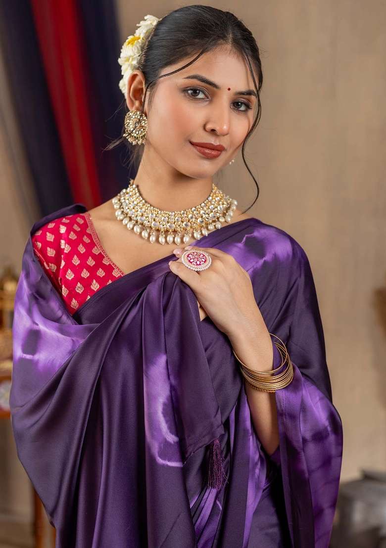Purple Printed Satin Silk Saree Set - Indya