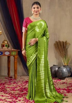 Light Green Printed Satin Silk Blend Saree Set