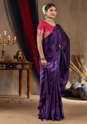 Purple Printed Satin Silk Saree Set